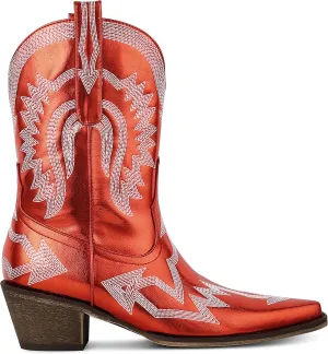 AMINUGAL Cowgirl Boots Chunky Heel Cowboy Boots for Women Pointed Toe Pull On Western Boots Women's Ankle Boots Country Concert Fashion Retro Metallic Booties