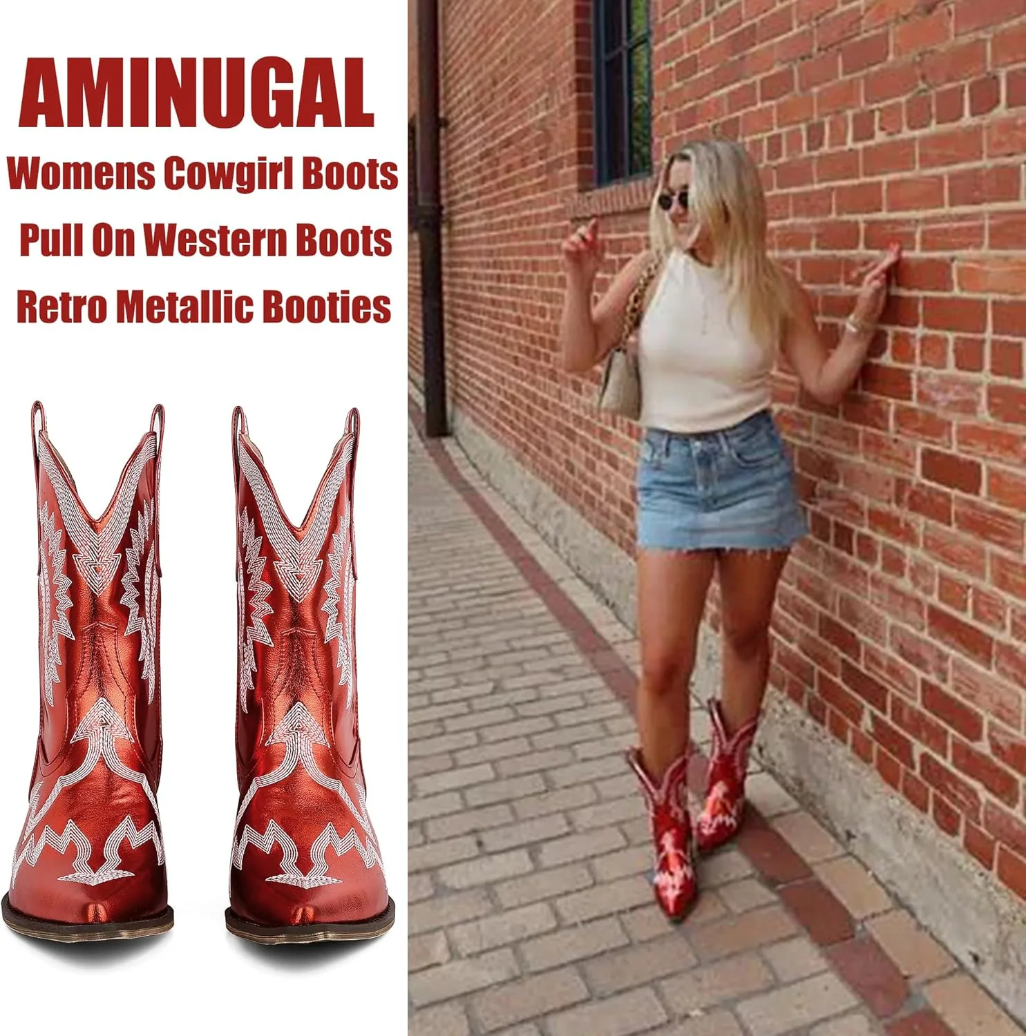 AMINUGAL Cowgirl Boots Chunky Heel Cowboy Boots for Women Pointed Toe Pull On Western Boots Women's Ankle Boots Country Concert Fashion Retro Metallic Booties