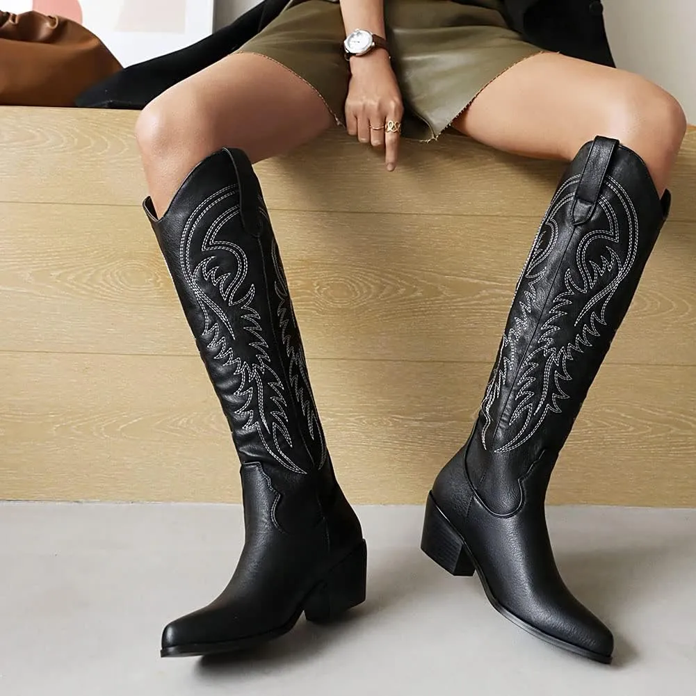 AMINUGAL Women's Western Knee High Cowgirl Boots, Black, Pull-On, Chunky Heel, Embroidered, Metallic Fabric, Leather Sole, 13.77 inches, US Women's Size