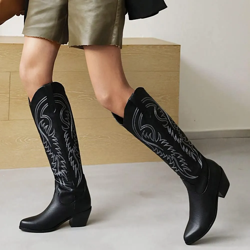 AMINUGAL Women's Western Knee High Cowgirl Boots, Black, Pull-On, Chunky Heel, Embroidered, Metallic Fabric, Leather Sole, 13.77 inches, US Women's Size