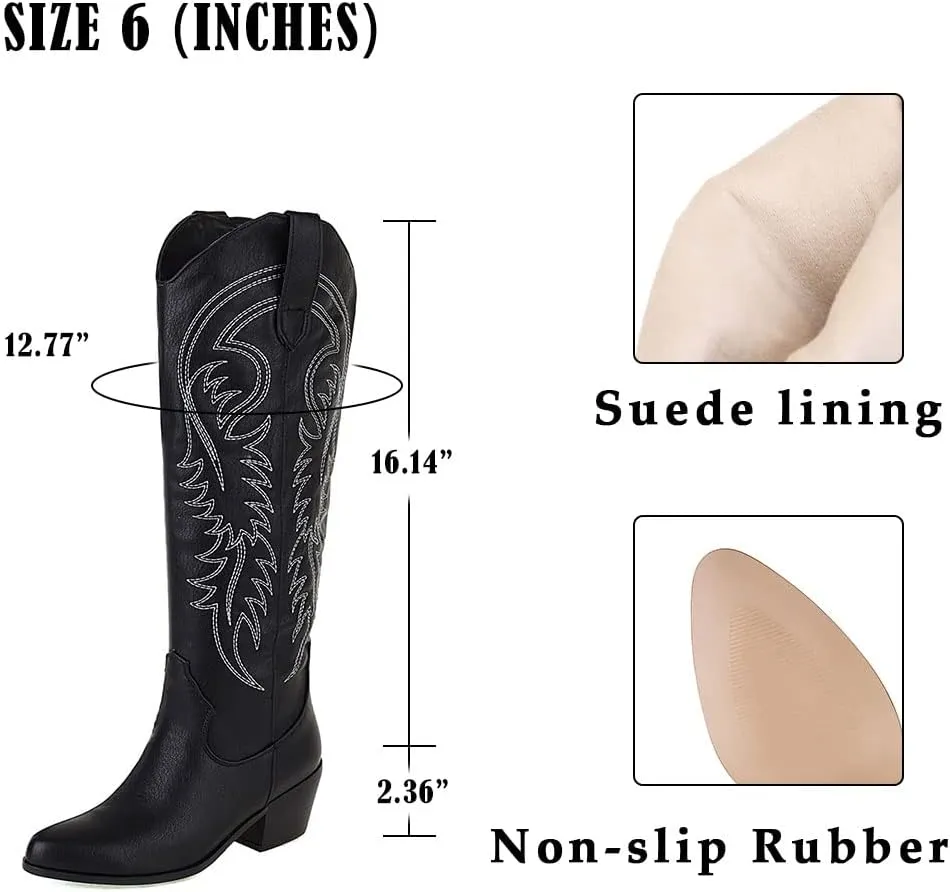 AMINUGAL Women's Western Knee High Cowgirl Boots, Black, Pull-On, Chunky Heel, Embroidered, Metallic Fabric, Leather Sole, 13.77 inches, US Women's Size