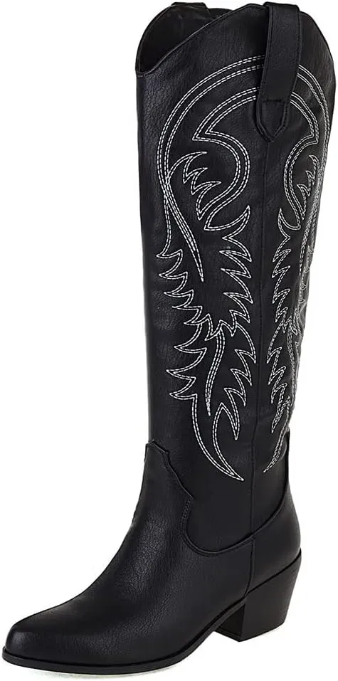 AMINUGAL Women's Western Knee High Cowgirl Boots, Black, Pull-On, Chunky Heel, Embroidered, Metallic Fabric, Leather Sole, 13.77 inches, US Women's Size