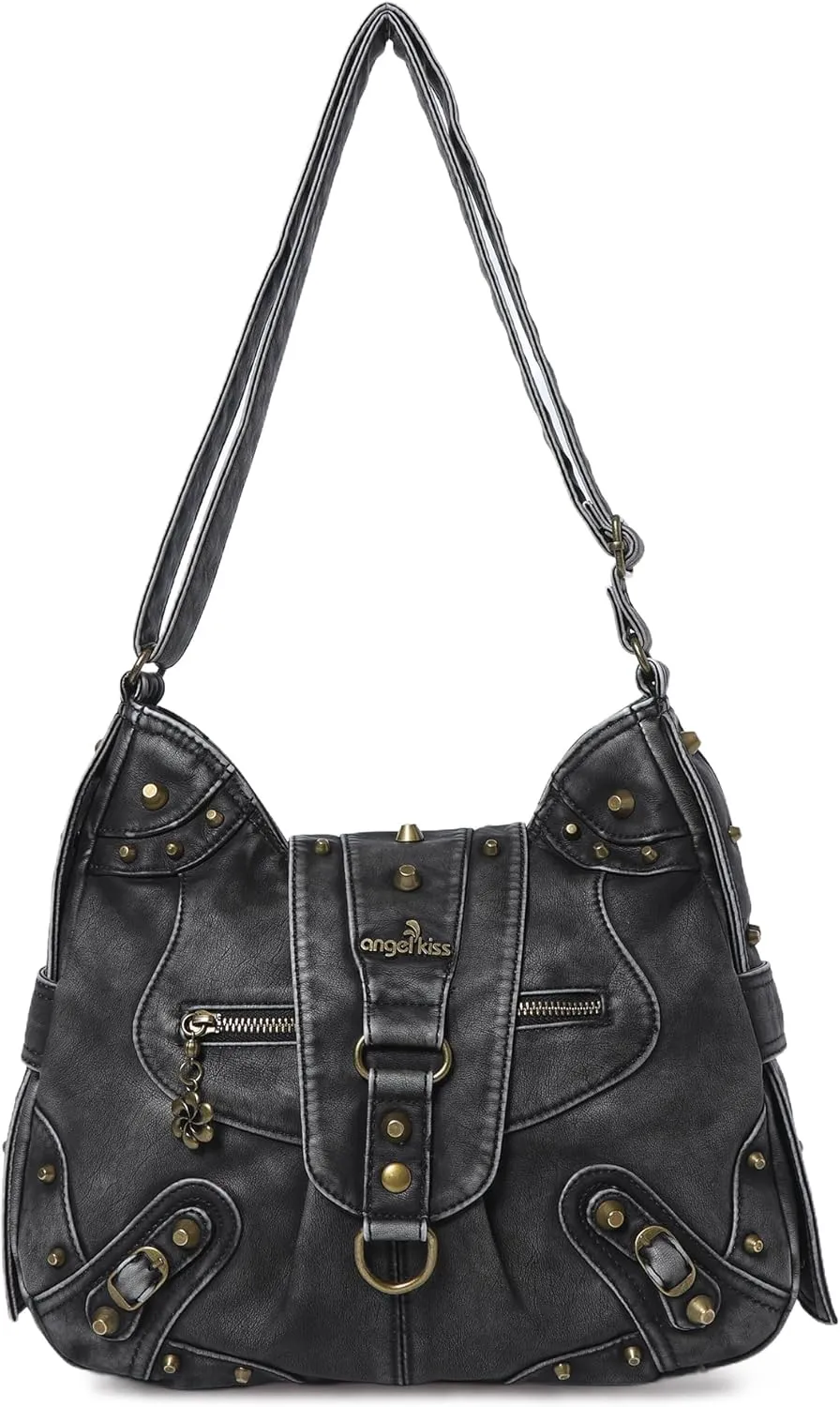 Angel Kiss Hobo Bag for Women Studded Vegan Leather Shoulder Purses and Handbags Retro Roomy Daily Crossbody Bags Medium Size