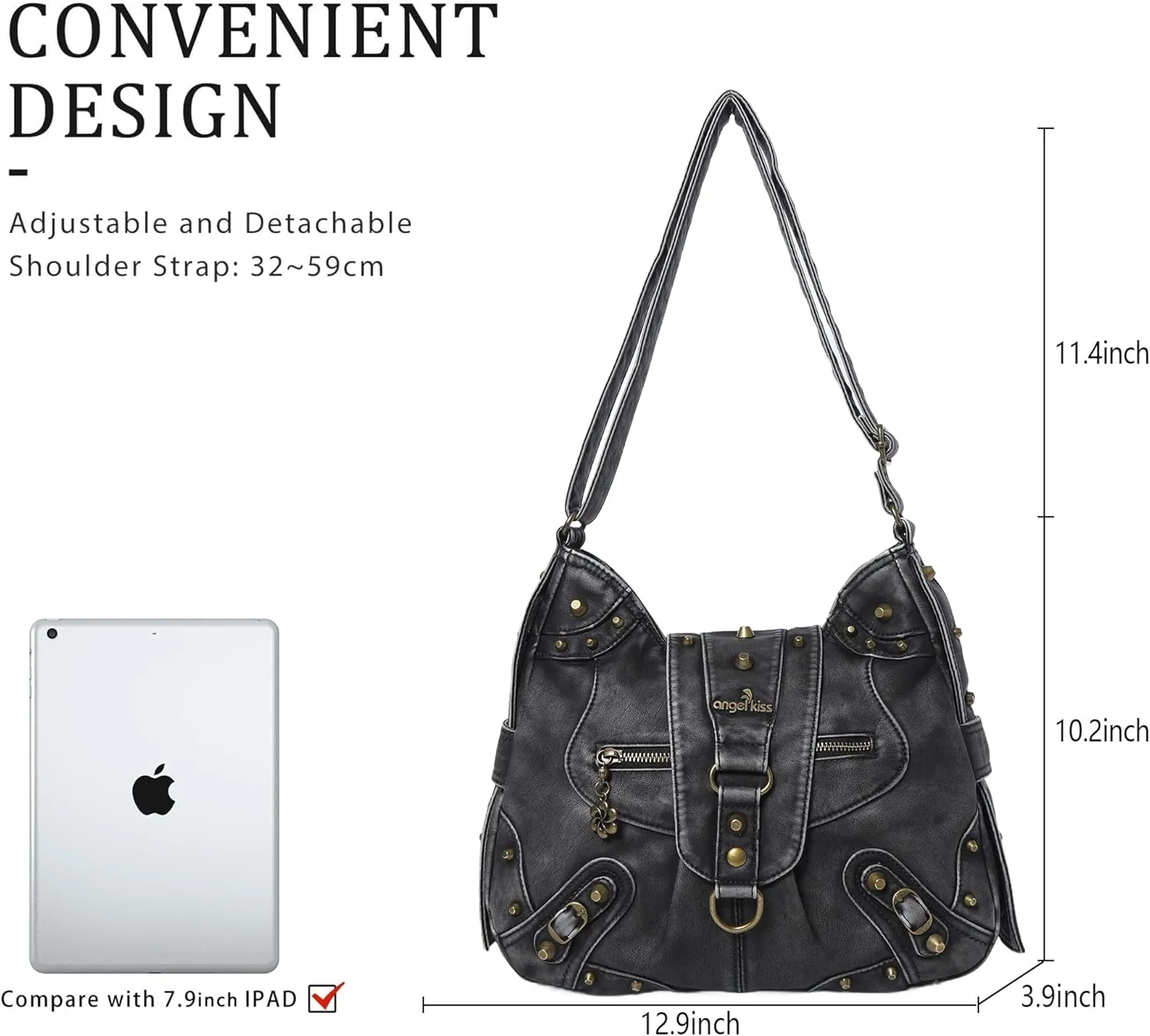 Angel Kiss Hobo Bag for Women Studded Vegan Leather Shoulder Purses and Handbags Retro Roomy Daily Crossbody Bags Medium Size