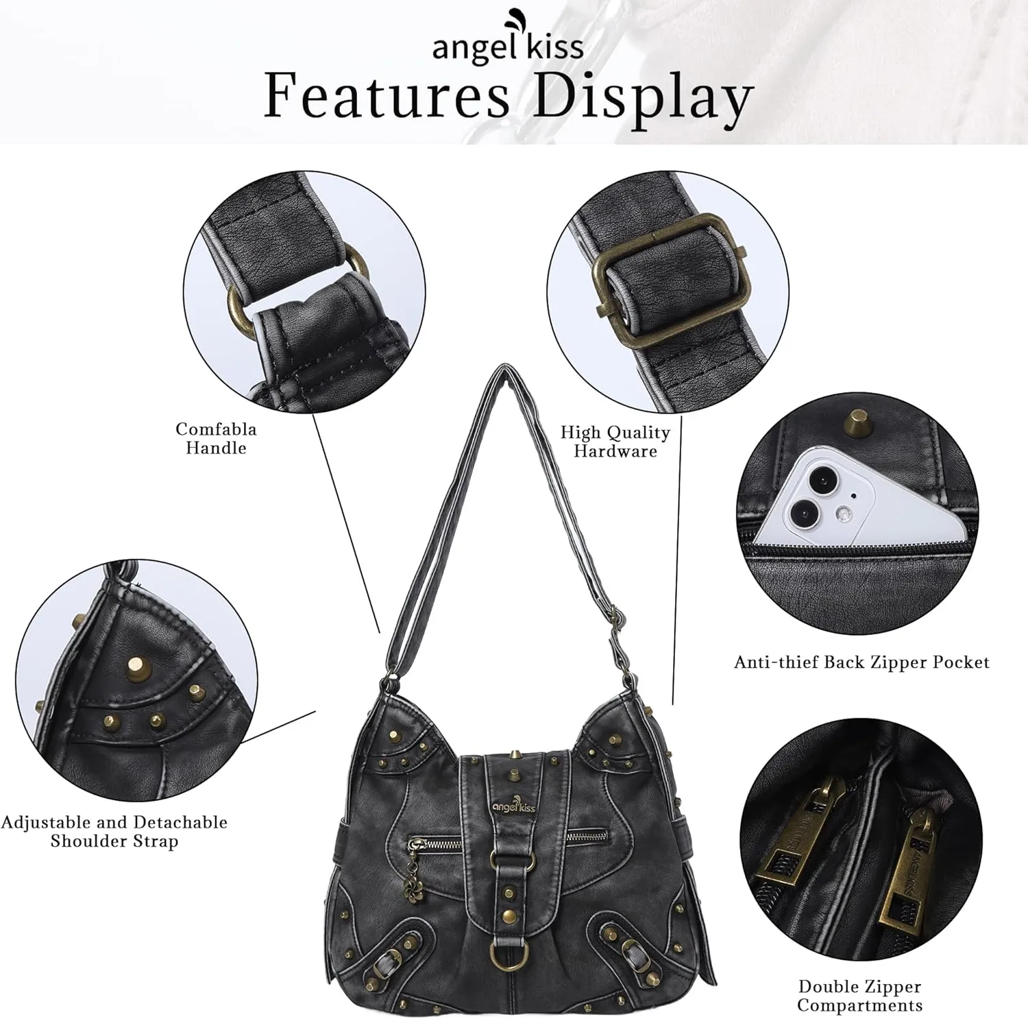Angel Kiss Hobo Bag for Women Studded Vegan Leather Shoulder Purses and Handbags Retro Roomy Daily Crossbody Bags Medium Size