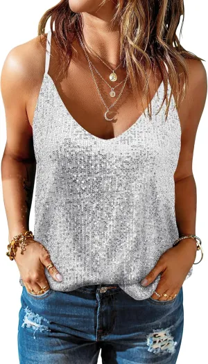 ANRABESS Women Sequin Tank Tops Sparkle Glitter Shirts Summer Sleeveless V Neck Shimmer Sexy Party Cami Going Out Outfits