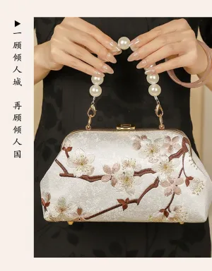Antique Embroidered Handbag Chinese Style Cheongsam Hanfu Handbag Gong Ling Fallen Embroidered Pearl Handbag-Purple