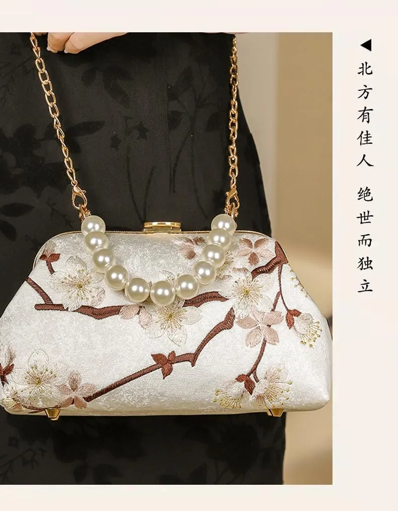 Antique Embroidered Handbag Chinese Style Cheongsam Hanfu Handbag Gong Ling Fallen Embroidered Pearl Handbag-Purple