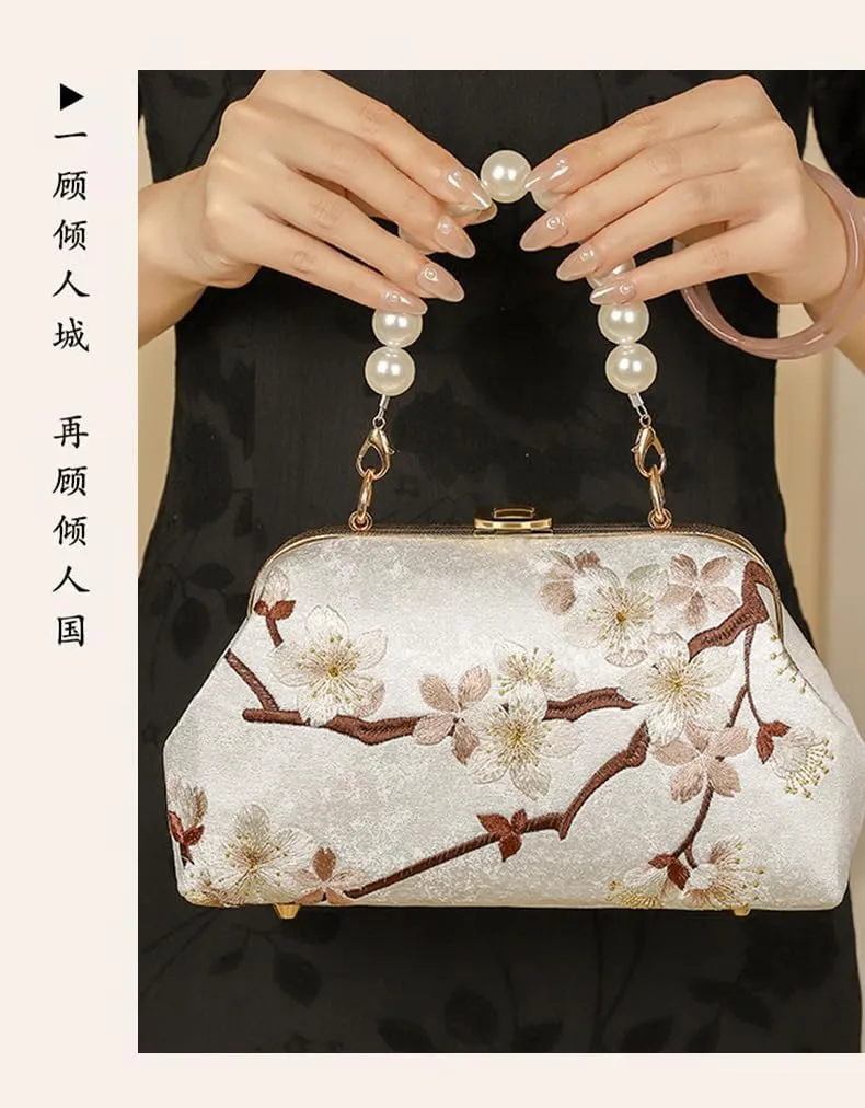 Antique Embroidered Handbag Chinese Style Cheongsam Hanfu Handbag Gong Ling Fallen Embroidered Pearl Handbag-Purple