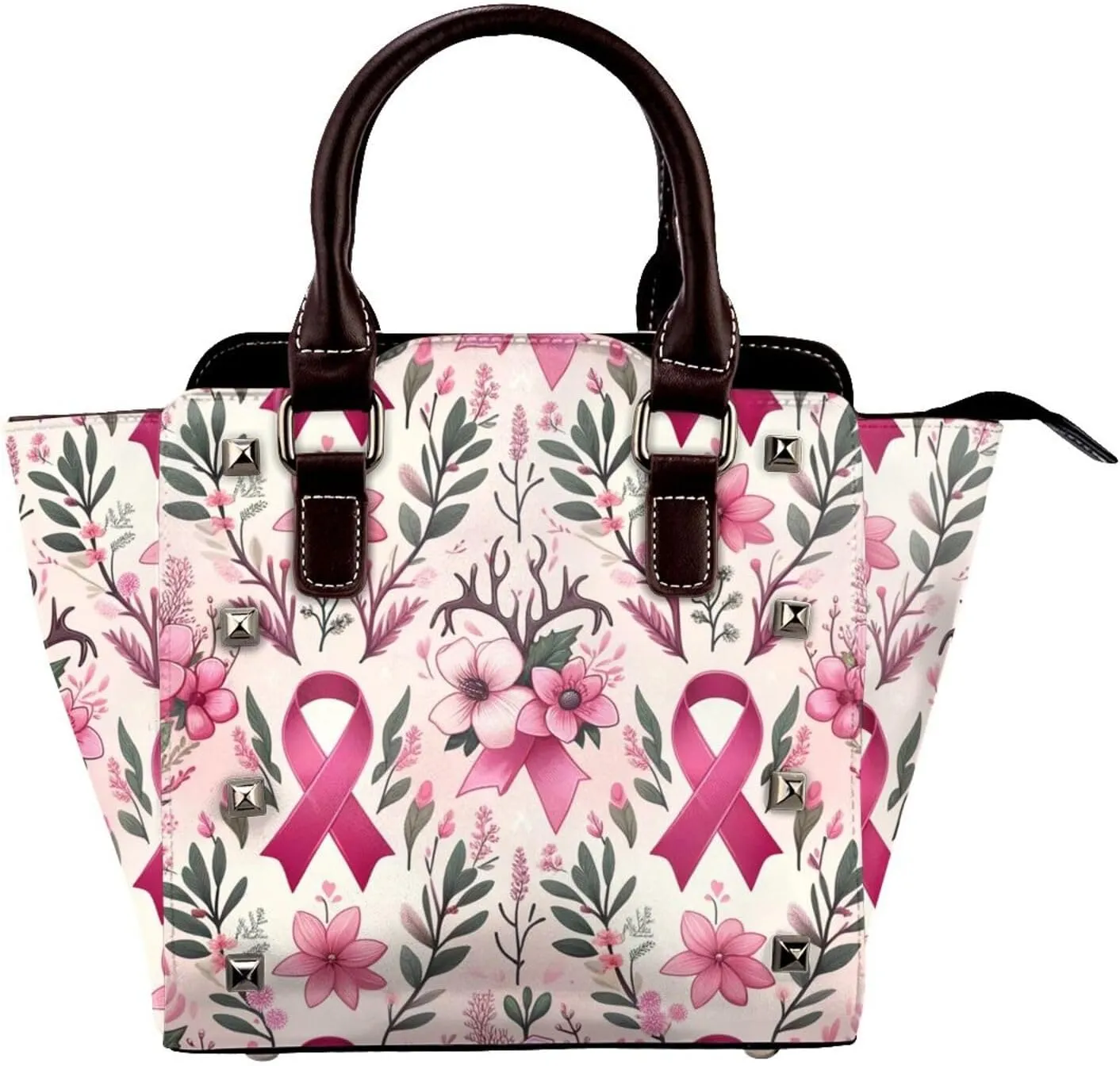 Antlers-Breast-Cancer Pu Leather Crossbody Studded Bag, Fashionable Shoulder Handbag With Detachable Shoulder Strap