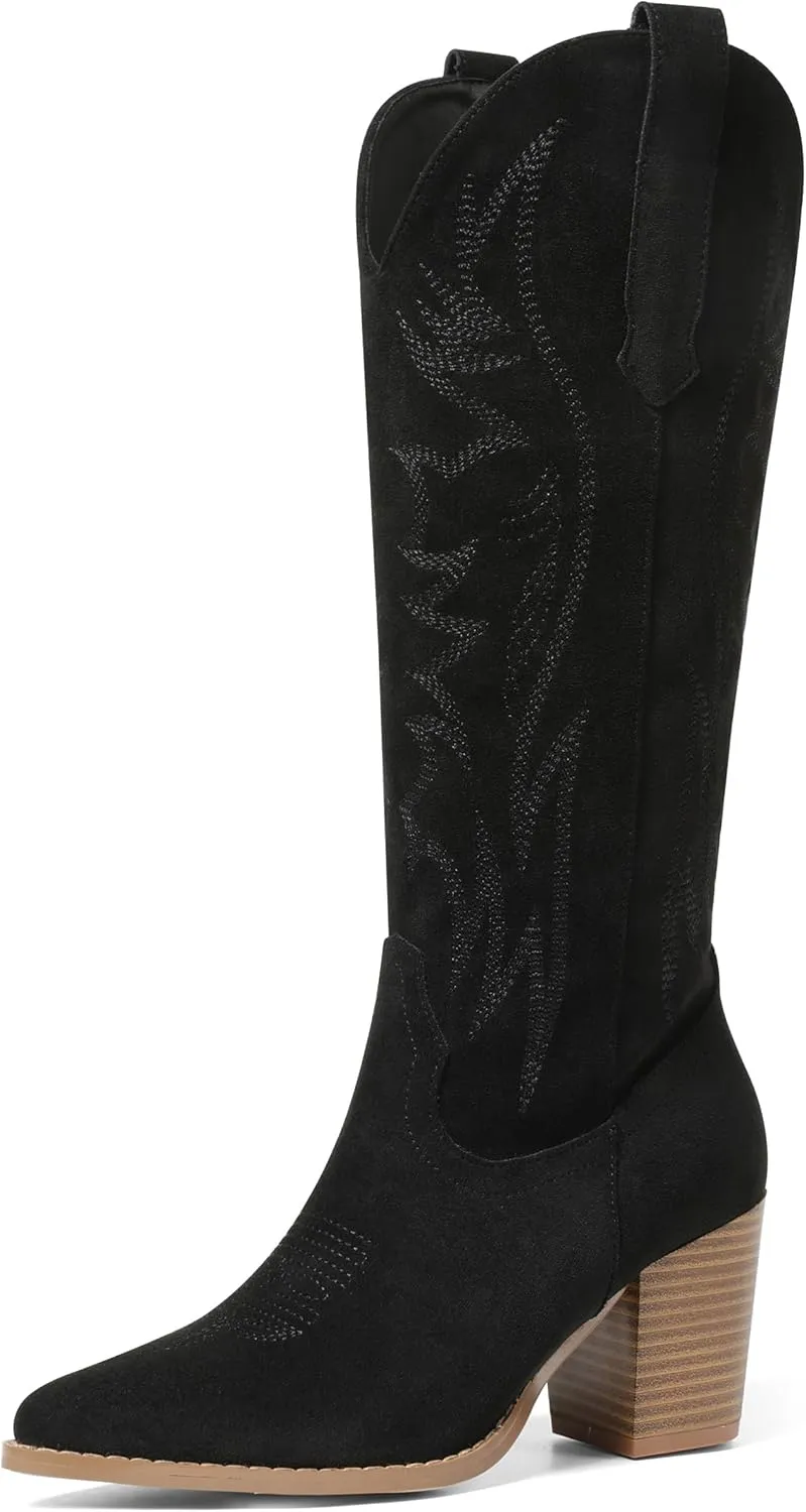 AOSPHIRAYLIAN Womens Knee High Boots for Women Pointed Toe Cowboy Cowgirl Boots with Embroidery Pull On Chunky Block High Heel Western Boots