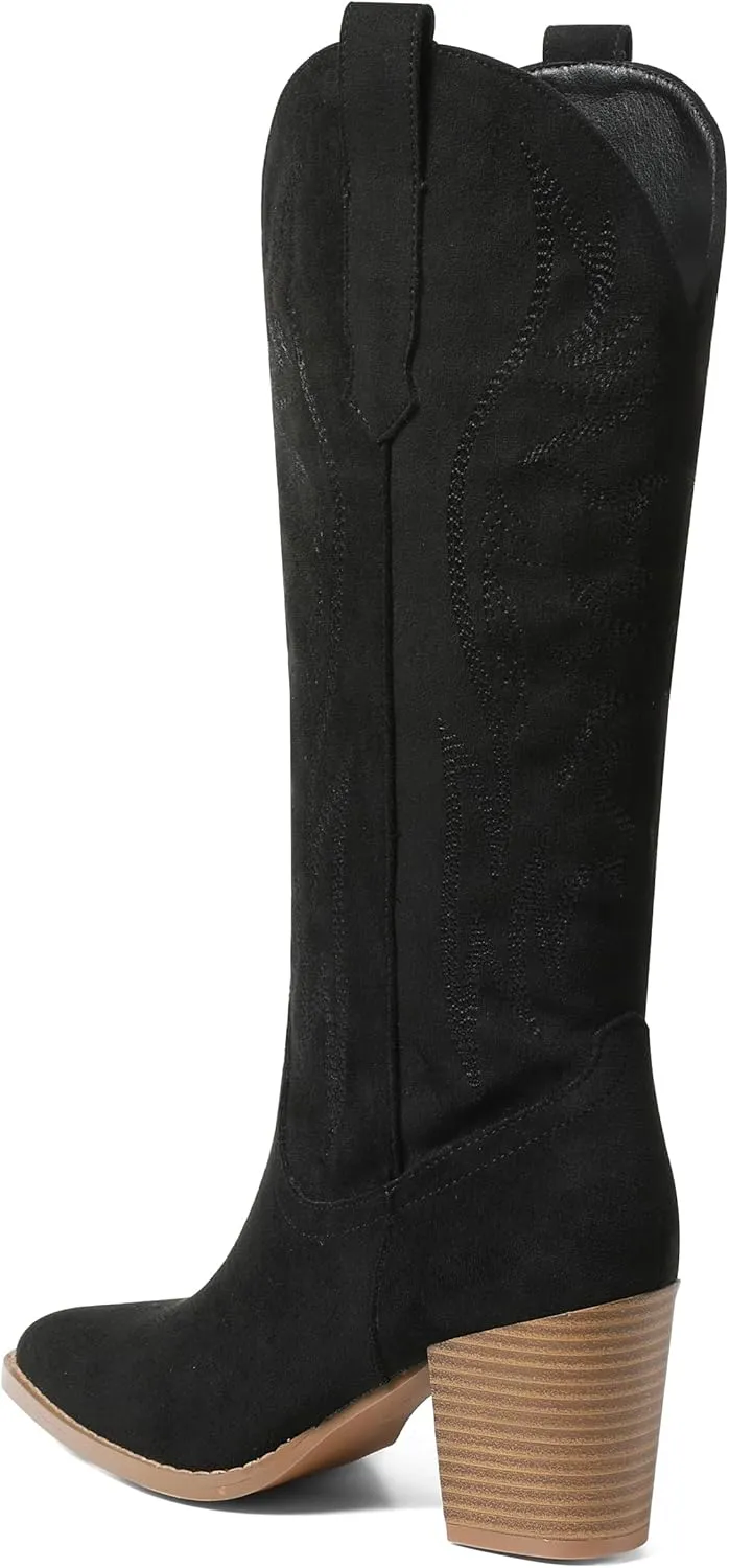 AOSPHIRAYLIAN Womens Knee High Boots for Women Pointed Toe Cowboy Cowgirl Boots with Embroidery Pull On Chunky Block High Heel Western Boots