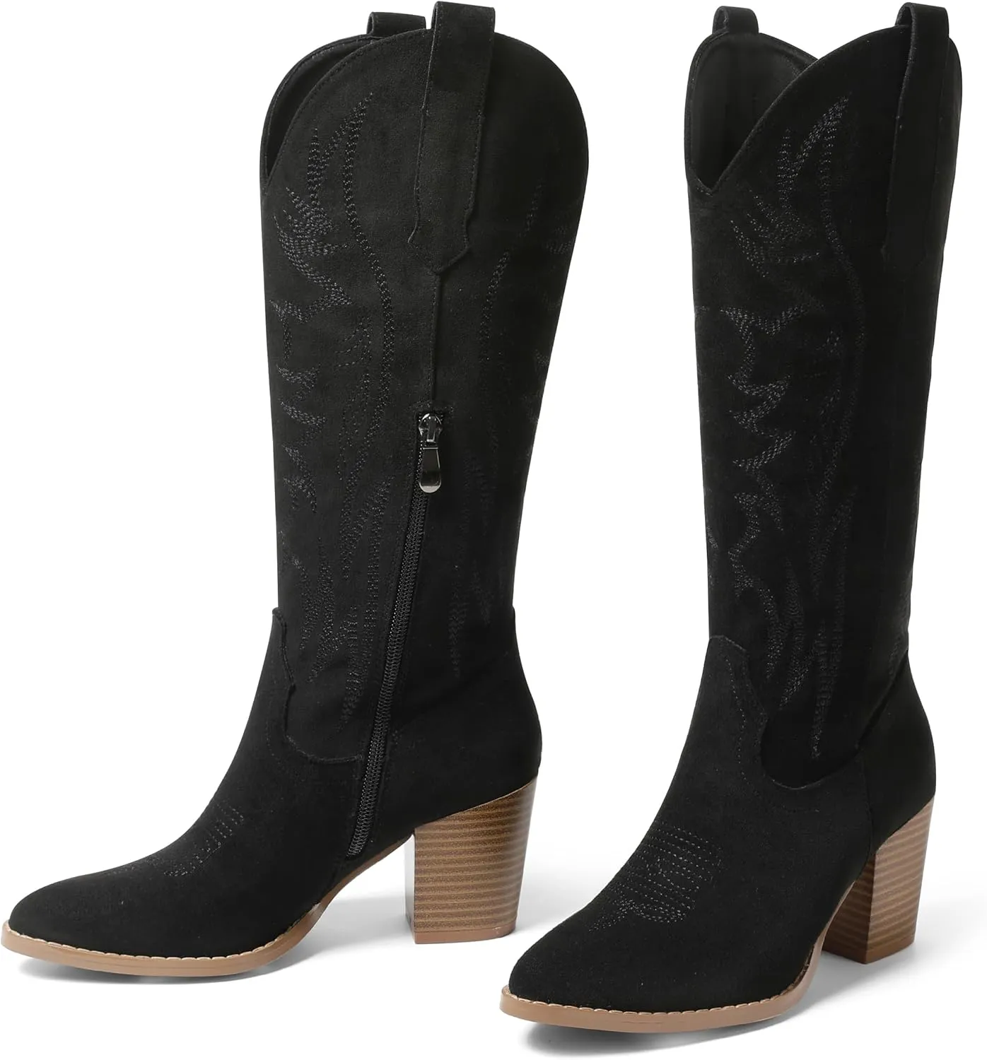 AOSPHIRAYLIAN Womens Knee High Boots for Women Pointed Toe Cowboy Cowgirl Boots with Embroidery Pull On Chunky Block High Heel Western Boots
