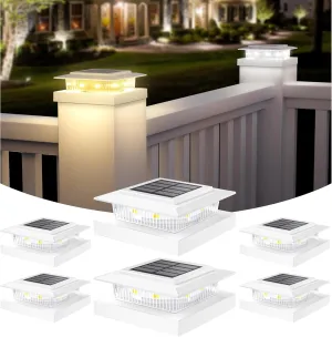 APONUO Solar Post Cap Lights for 4x4 5x5 Fence Deck Posts,IP64 Waterproof LED Outdoor Fence,Deck,Garden,Patio,Yard Lights with 2 Modes,Auto On/Off,Weather-Resistant, Easy Install,White,6 Pack