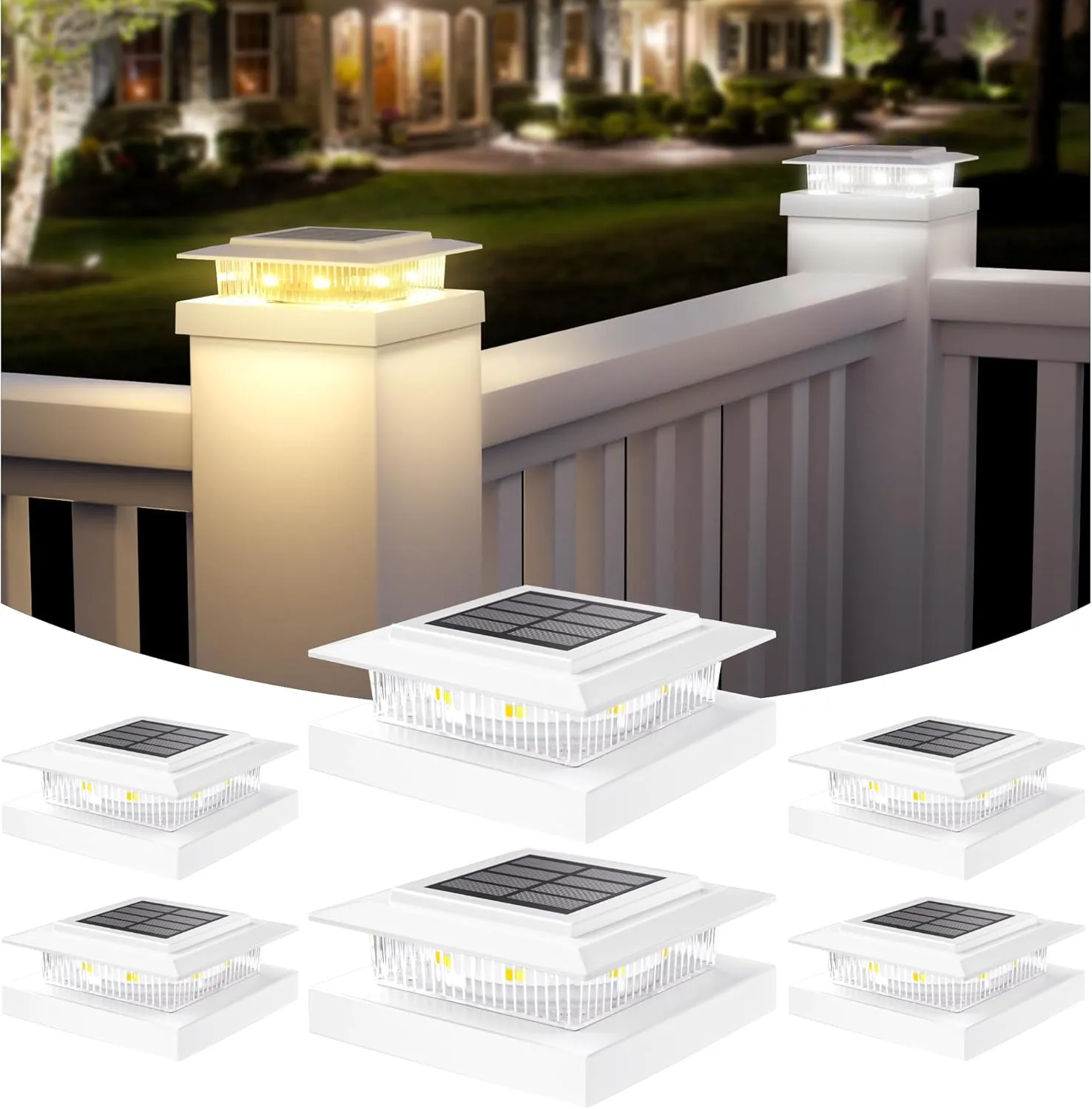 APONUO Solar Post Cap Lights for 4x4 5x5 Fence Deck Posts,IP64 Waterproof LED Outdoor Fence,Deck,Garden,Patio,Yard Lights with 2 Modes,Auto On/Off,Weather-Resistant, Easy Install,White,6 Pack