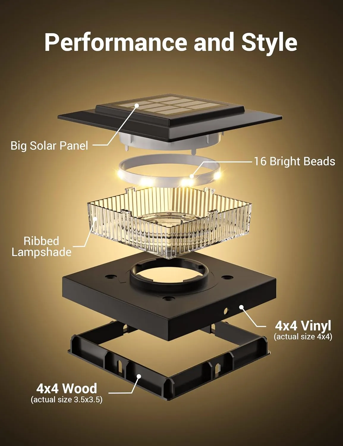 APONUO Solar Post Cap Lights for 4x4 Fence Deck Posts,IP64 Waterproof LED Outdoor Fence,Deck,Garden,Patio,Yard Lights with 2 Modes,Auto On/Off,Weather-Resistant, Easy Install,Black,6 Pack