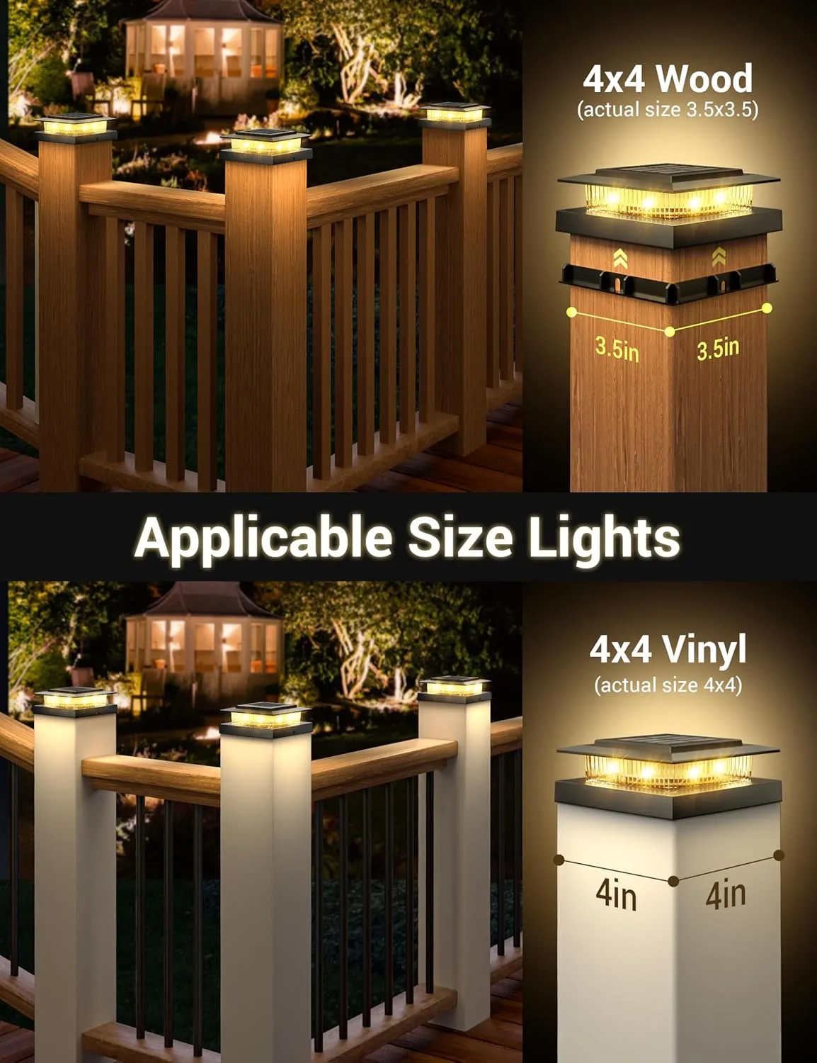 APONUO Solar Post Cap Lights for 4x4 Fence Deck Posts,IP64 Waterproof LED Outdoor Fence,Deck,Garden,Patio,Yard Lights with 2 Modes,Auto On/Off,Weather-Resistant, Easy Install,Black,6 Pack