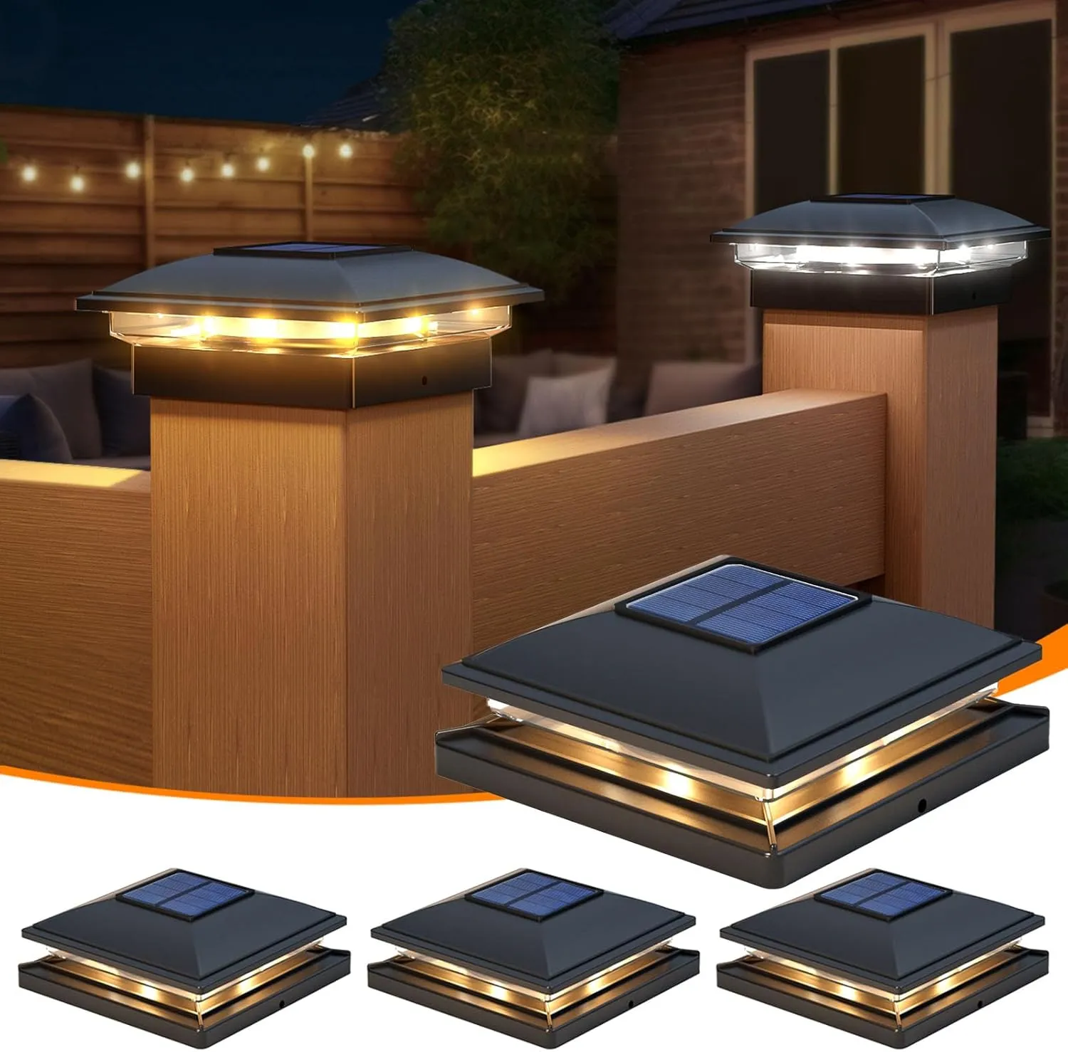 APONUO Solar Post Cap Lights,4 Pack 2-Modes Bright Fence Post Solar Lights Outdoor Waterproof Garden Patio Fence Deck Decor for Fence Deck Posts 4x4, 6x6 Wood,4x4, 5x5 Viny