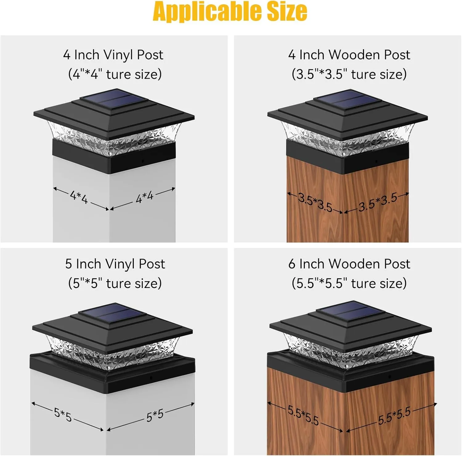 APONUO Solar Post Lights Outdoor, 2 Lighting Modes 16 LEDs Solar Post Cap Lights for 4x4 5x5 6x6 Vinyl Wooden Posts Waterproof Fence Post Lights Solar Powered for Deck/Fence/Porch (Black,6 Pack)