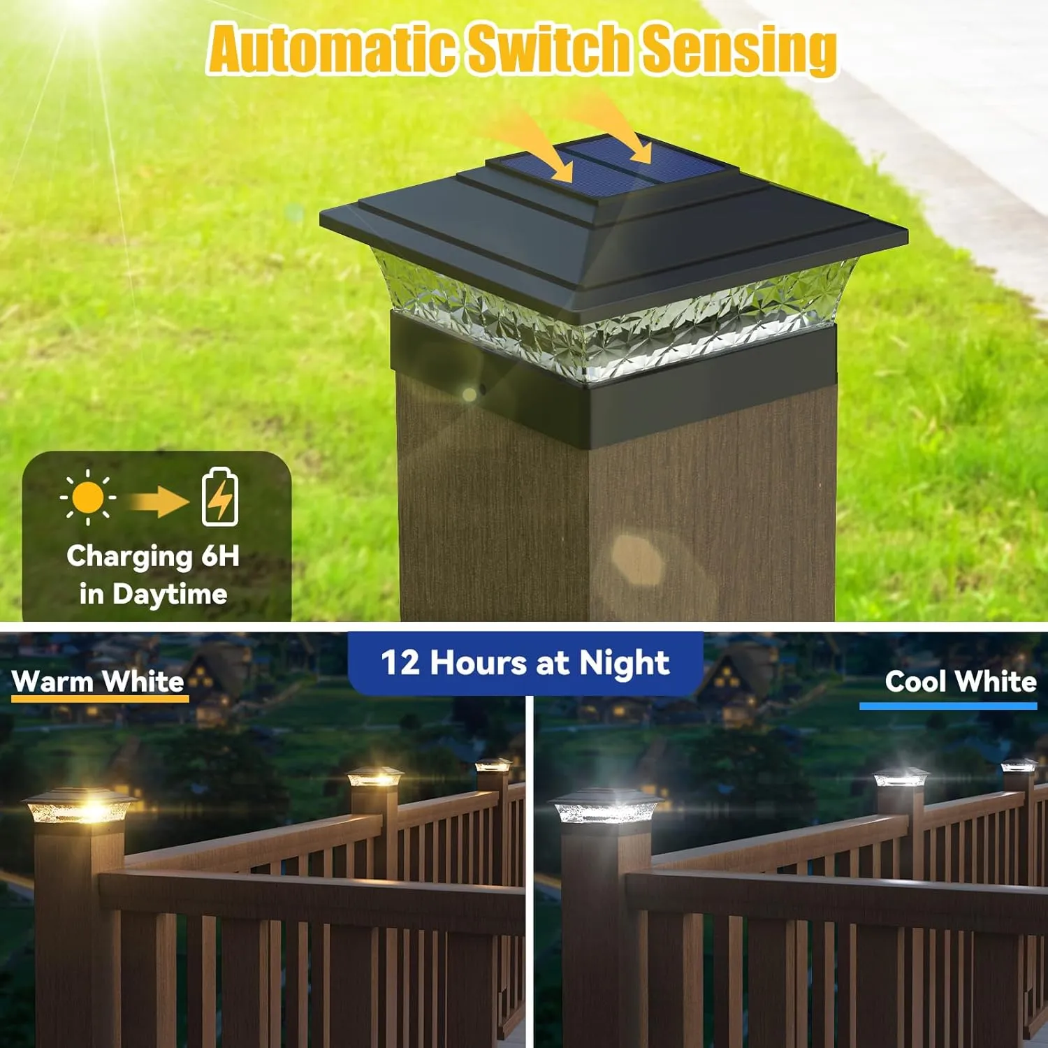 APONUO Solar Post Lights Outdoor, 2 Lighting Modes 16 LEDs Solar Post Cap Lights for 4x4 5x5 6x6 Vinyl Wooden Posts Waterproof Fence Post Lights Solar Powered for Deck/Fence/Porch (Black,6 Pack)