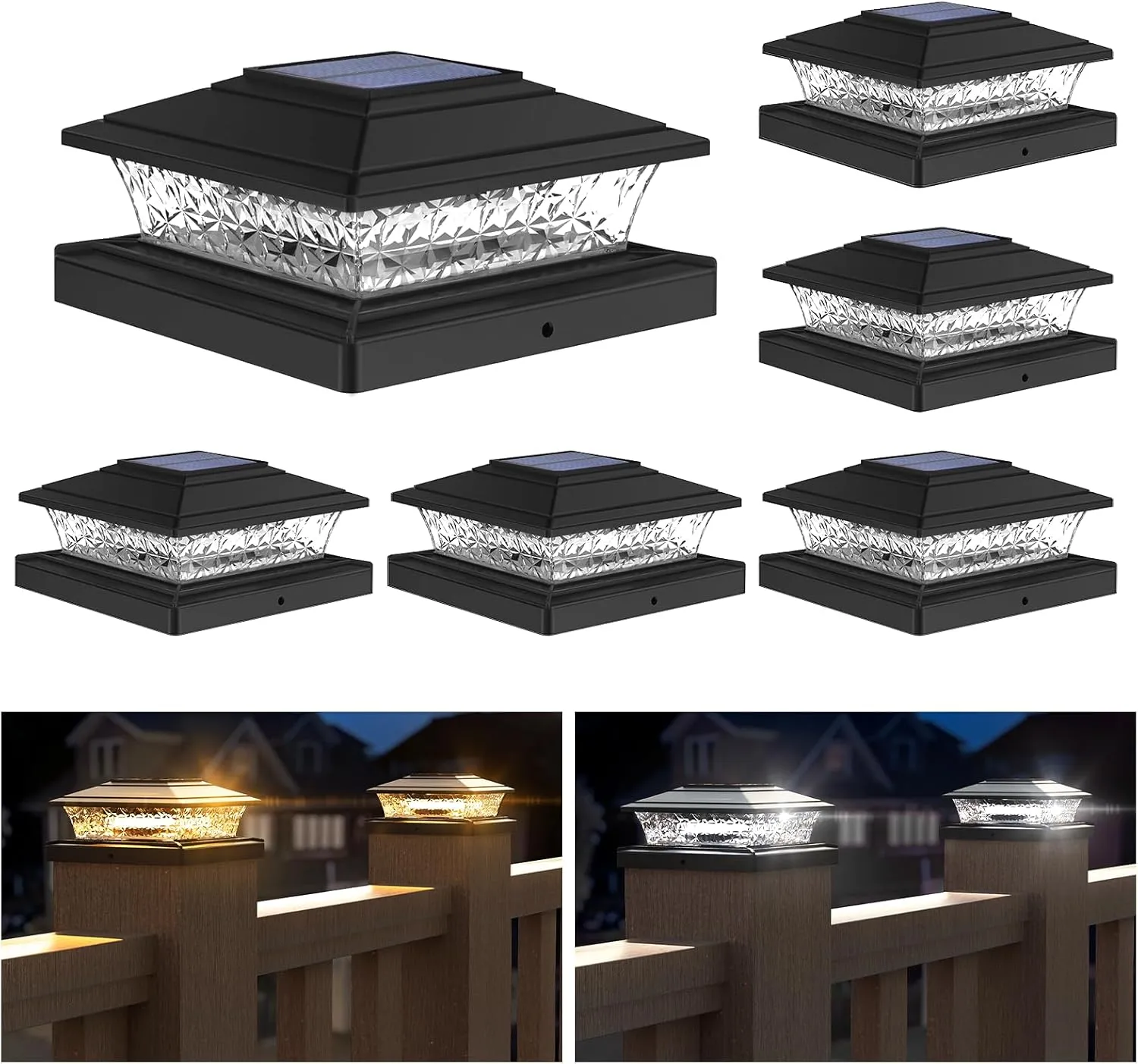 APONUO Solar Post Lights Outdoor, 2 Lighting Modes 16 LEDs Solar Post Cap Lights for 4x4 5x5 6x6 Vinyl Wooden Posts Waterproof Fence Post Lights Solar Powered for Deck/Fence/Porch (Black,6 Pack)