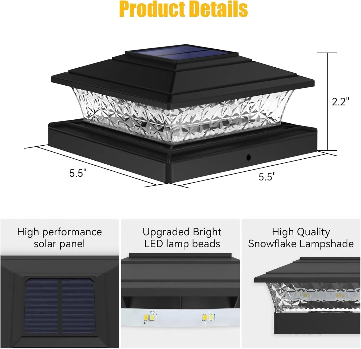 APONUO Solar Post Lights Outdoor, 2 Lighting Modes 16 LEDs Solar Post Cap Lights for 4x4 5x5 6x6 Vinyl Wooden Posts Waterproof Fence Post Lights Solar Powered for Deck/Fence/Porch (Black,6 Pack)