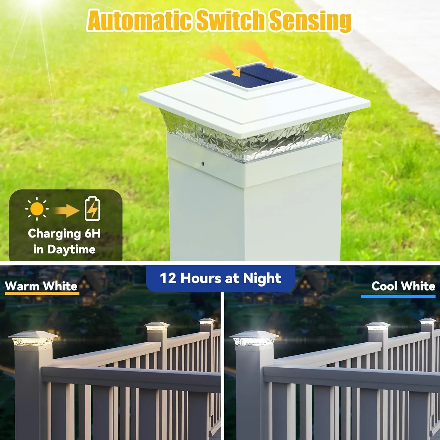APONUO Solar Post Lights Outdoor, 2 Lighting Modes 16 LEDs Solar Post Cap Lights for 4x4 5x5 6x6 Vinyl Wooden Posts Waterproof Fence Post Lights Solar Powered for Deck/Fence/Porch (White,6 Pack)