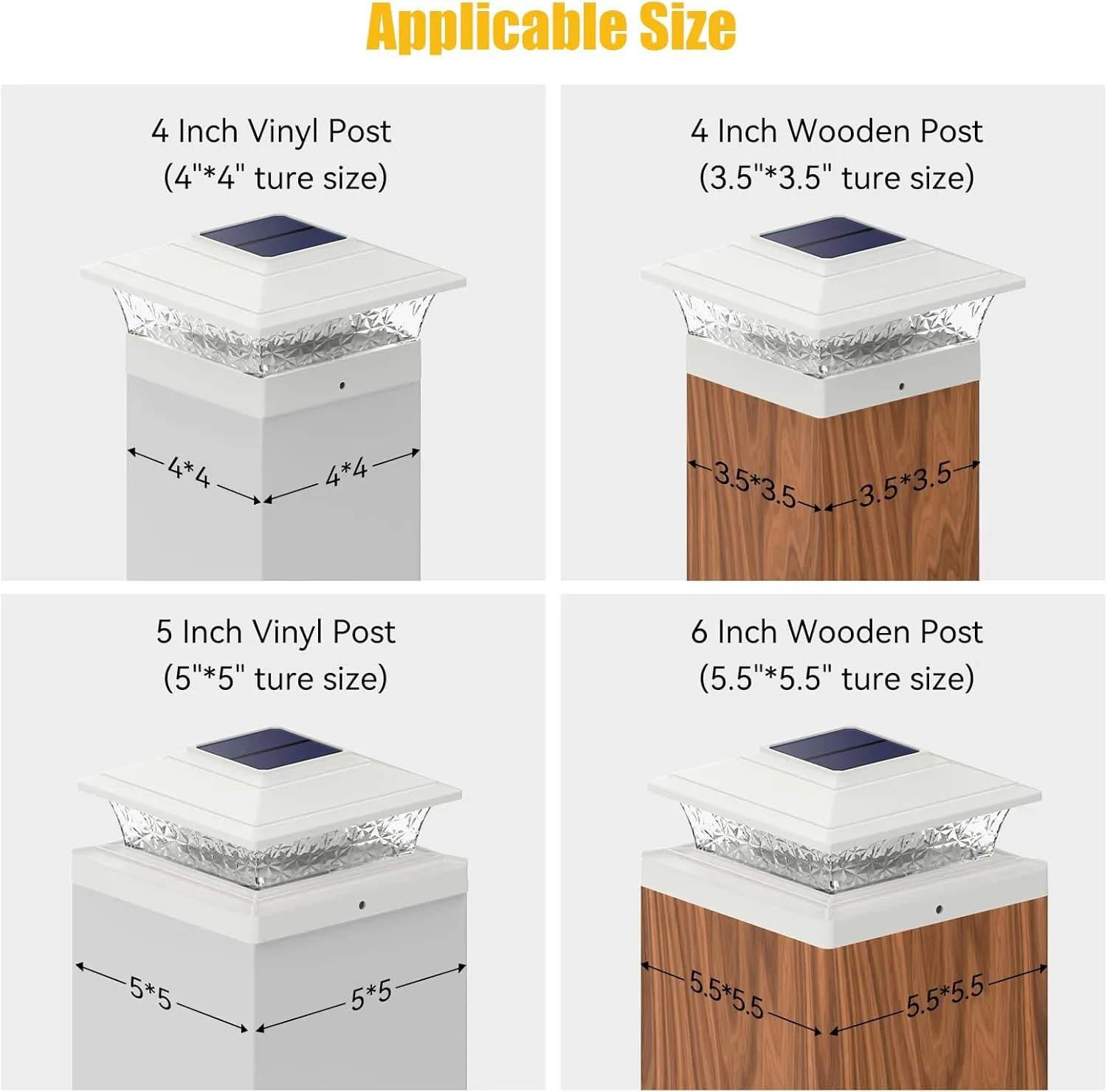 APONUO Solar Post Lights Outdoor, 2 Lighting Modes 16 LEDs Solar Post Cap Lights for 4x4 5x5 6x6 Vinyl Wooden Posts Waterproof Fence Post Lights Solar Powered for Deck/Fence/Porch (White,6 Pack)