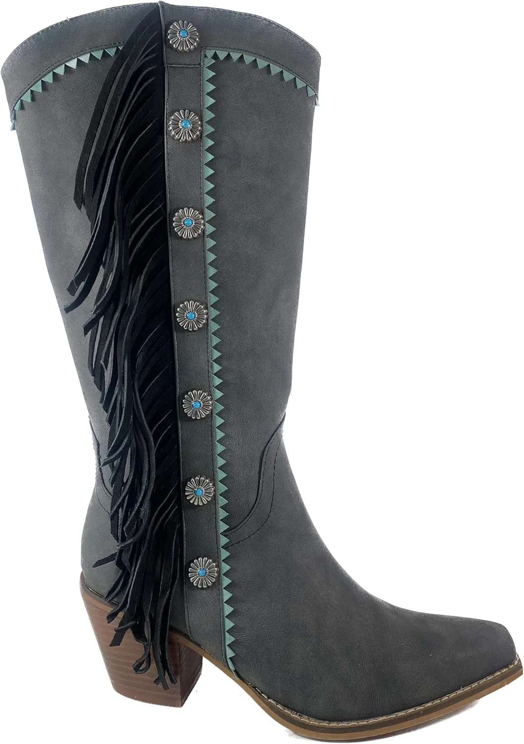 ARiIDER GIRL Gizelle Women's Mid Calf Fringe Booties Snip Toe Stacked Heel Buckle Studded Western Boots…