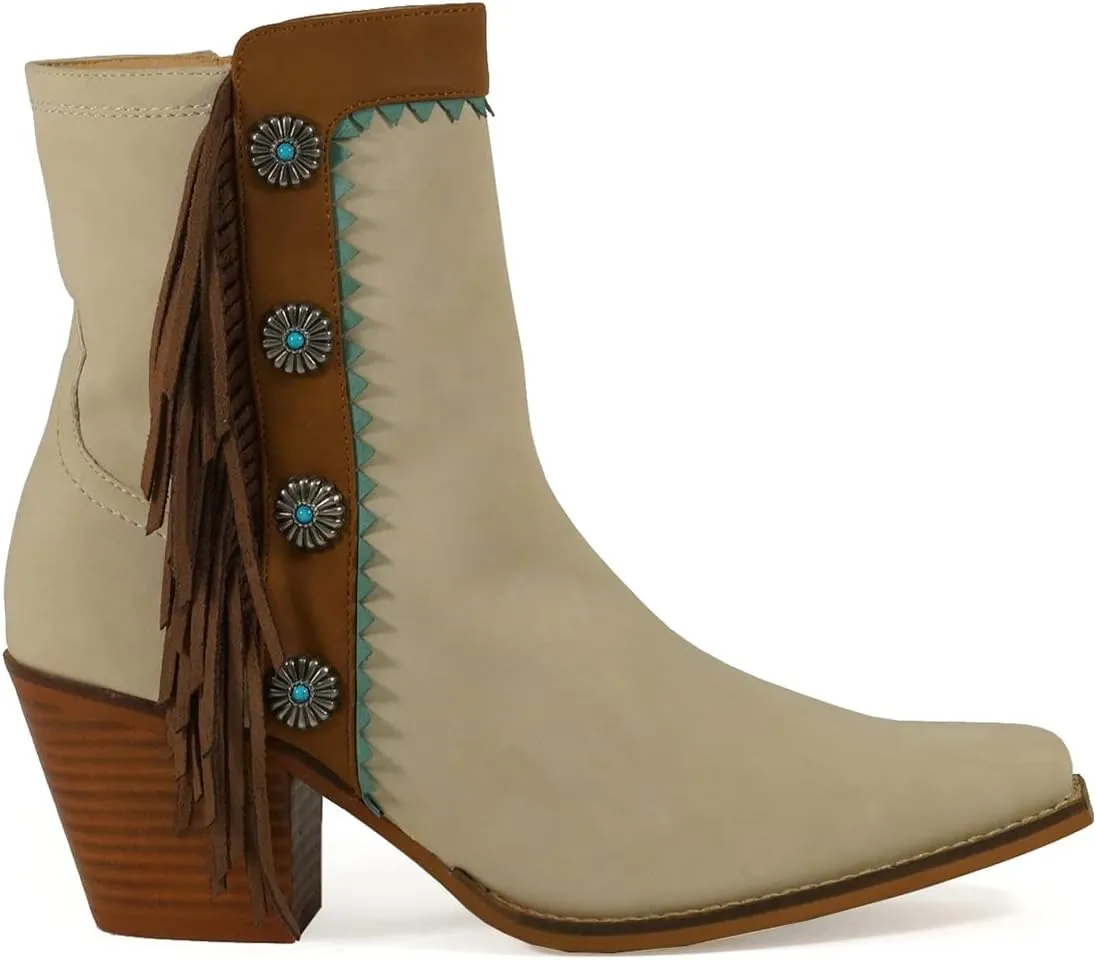 ARiIDER GIRL Gizelle Women's Mid Calf Fringe Booties Snip Toe Stacked Heel Buckle Studded Western Boots…