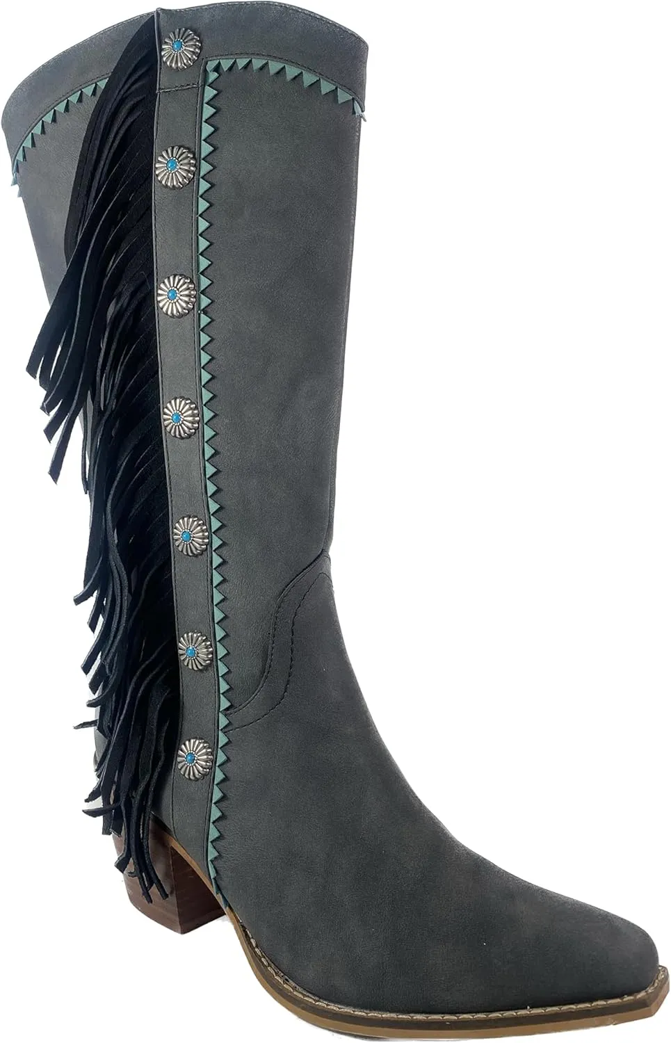 ARiIDER GIRL Gizelle Women's Mid Calf Fringe Booties Snip Toe Stacked Heel Buckle Studded Western Boots…