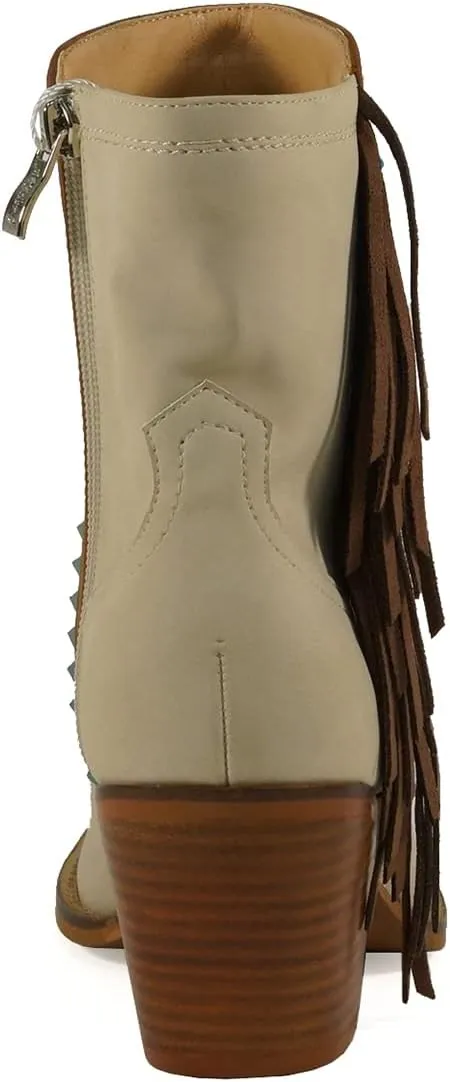 ARiIDER GIRL Gizelle Women's Mid Calf Fringe Booties Snip Toe Stacked Heel Buckle Studded Western Boots…