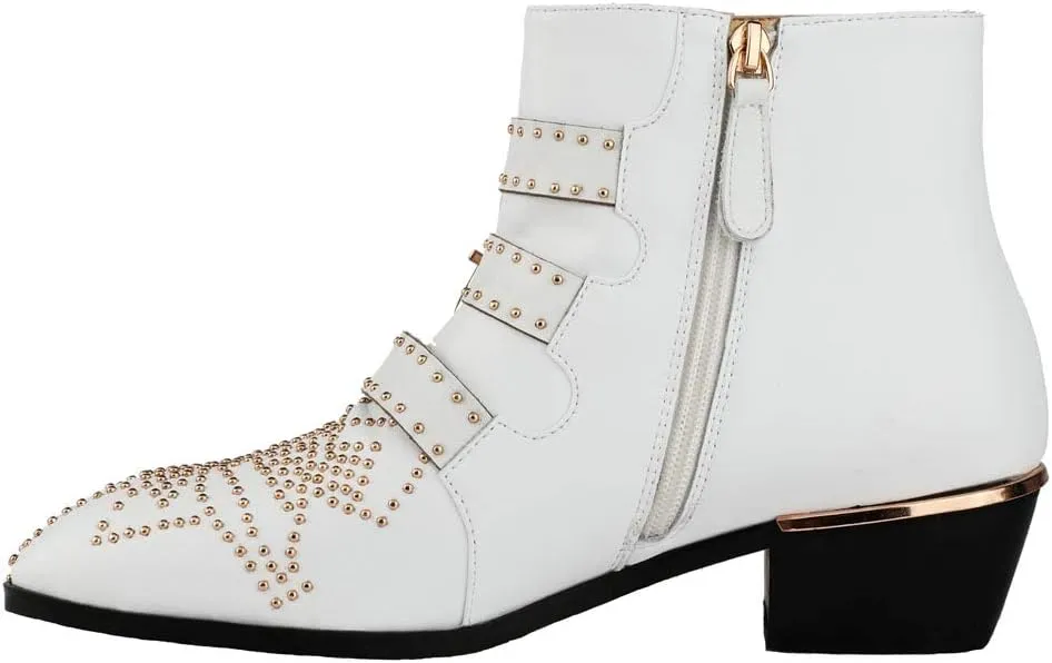 Arqa Women's Studded Ankle Boots Leather Multiple Buckle Chunky Heel Booties Almond Toe Zipper Punk Boot