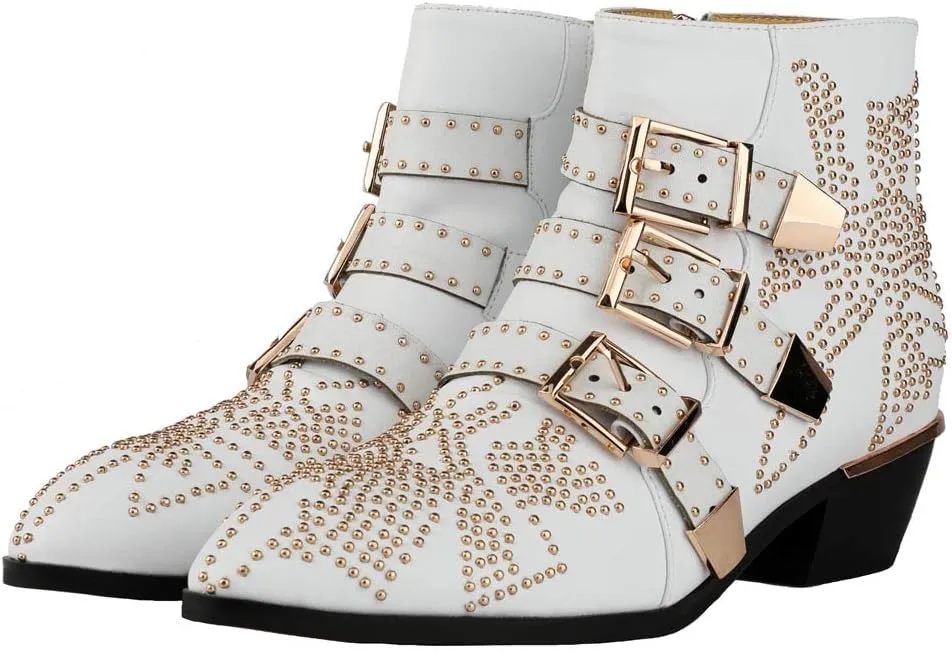 Arqa Women's Studded Ankle Boots Leather Multiple Buckle Chunky Heel Booties Almond Toe Zipper Punk Boot