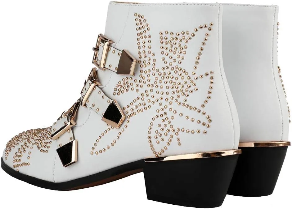 Arqa Women's Studded Ankle Boots Leather Multiple Buckle Chunky Heel Booties Almond Toe Zipper Punk Boot