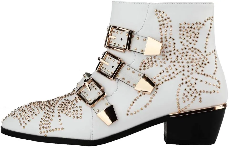 Arqa Women's Studded Ankle Boots Leather Multiple Buckle Chunky Heel Booties Almond Toe Zipper Punk Boot