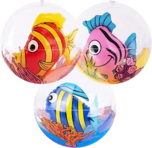 ArtCreativity 3D Fish Beach Balls for Kids, Set of 3, Clear Balls with Colorful Fish Inside, Inflatable Swimming Pool Toys and Aquatic Party Decorations, Underwater Party Supplies and Favors