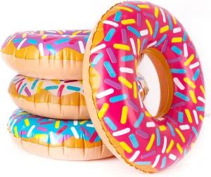 ArtCreativity Inflatable Donut Pool Float for Kids (Pack of 4) - Colorful Sprinkle Tube in Assorted Designs for Summer, Beach, and Birthday Party Decorations
