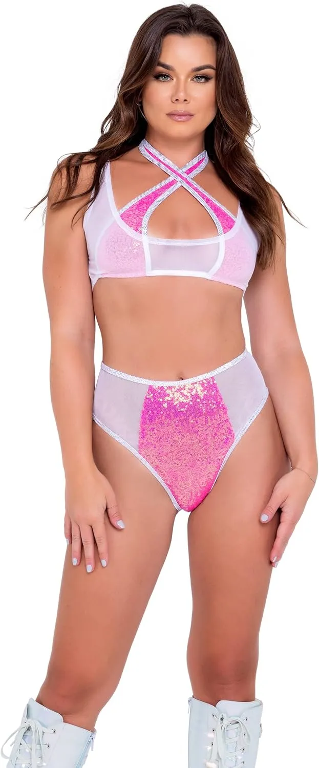 AS Roma Women's Two-Tone Mesh Crop Built-in Sequin Cross Top for Rave/Festival