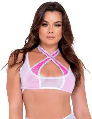 AS Roma Women's Two-Tone Mesh Crop Built-in Sequin Cross Top for Rave/Festival