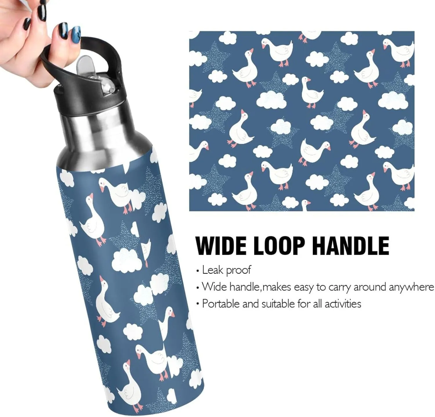 Aslsiy 32oz Sports Water Bottle Cute Goose Cloud Insulated Water Bottle Deep Blue Sky Stainless Steel Gym Bottle Metal Water Flask Thermos