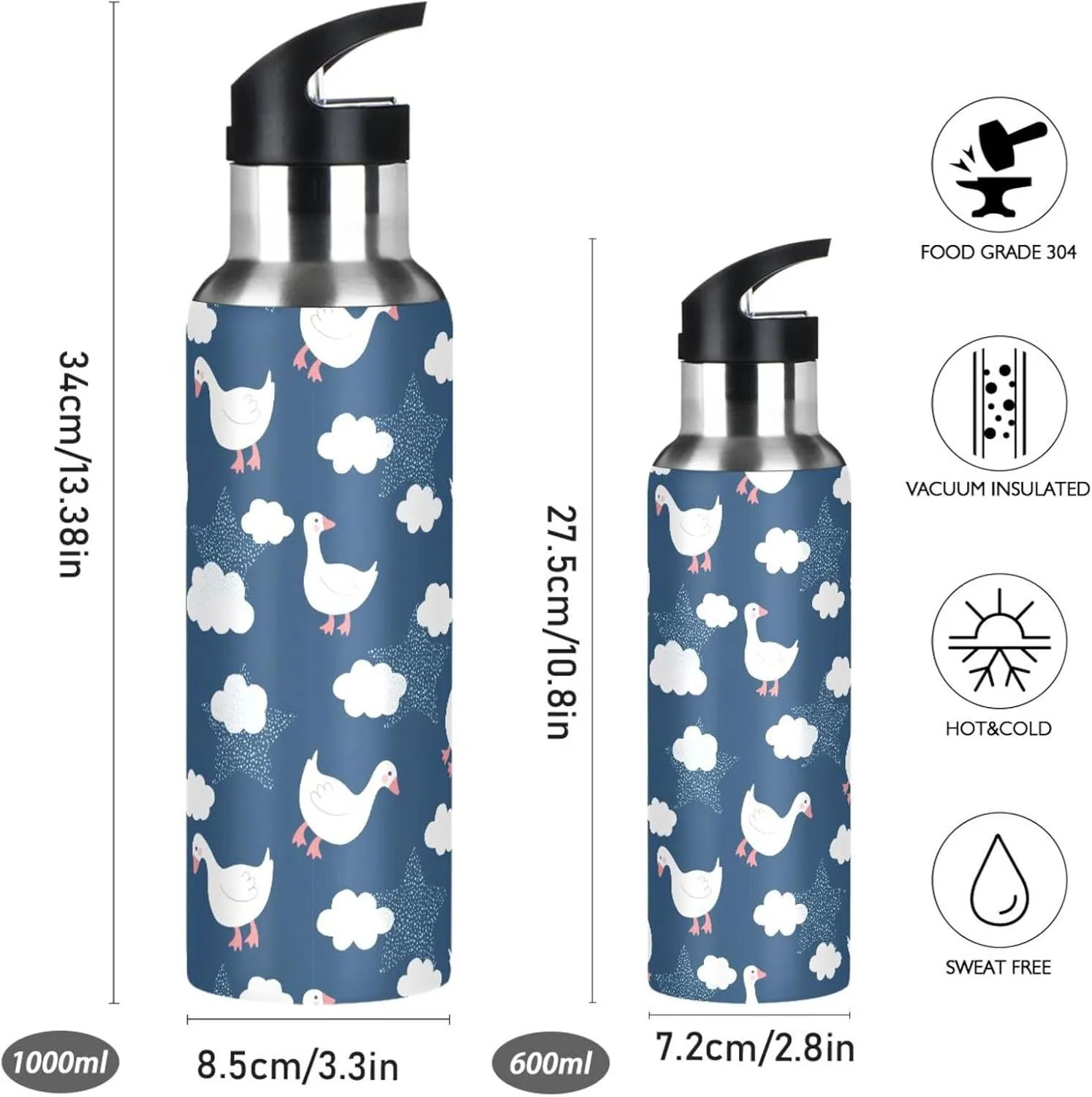 Aslsiy 32oz Sports Water Bottle Cute Goose Cloud Insulated Water Bottle Deep Blue Sky Stainless Steel Gym Bottle Metal Water Flask Thermos