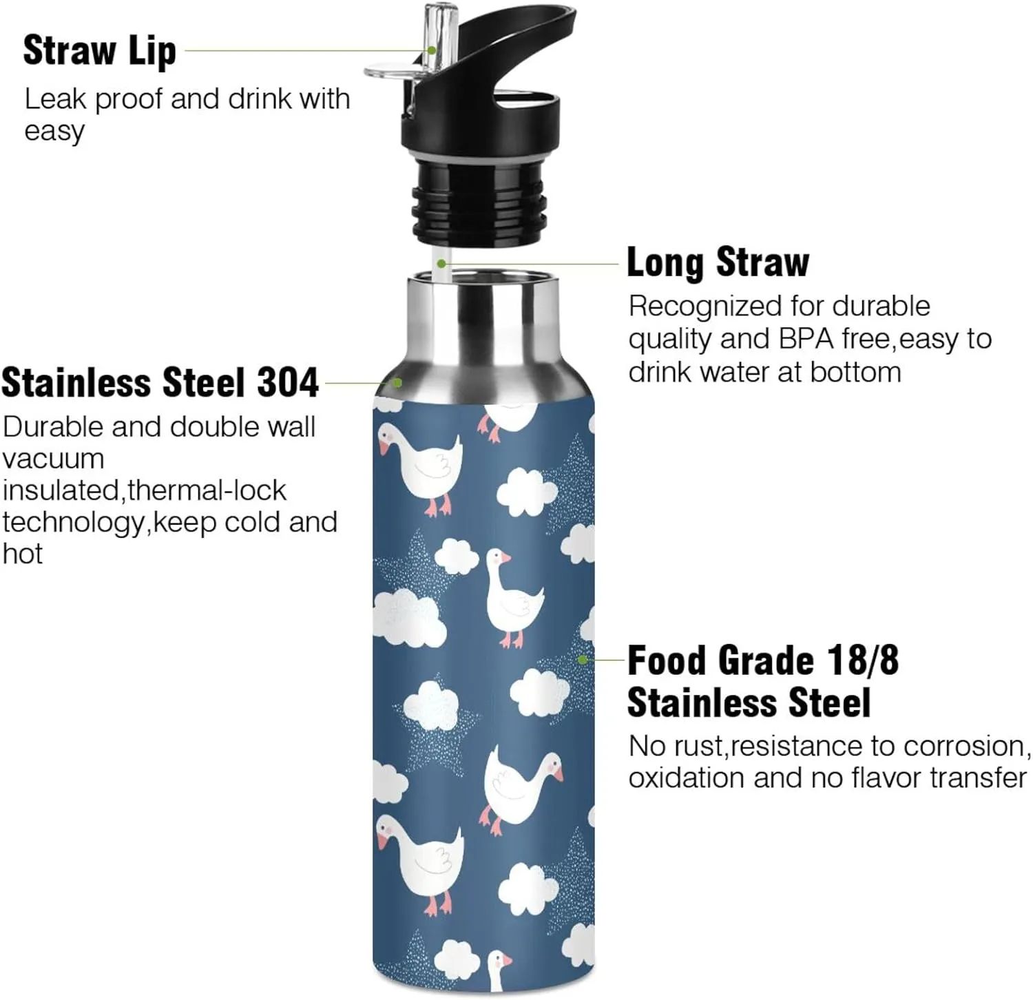 Aslsiy 32oz Sports Water Bottle Cute Goose Cloud Insulated Water Bottle Deep Blue Sky Stainless Steel Gym Bottle Metal Water Flask Thermos