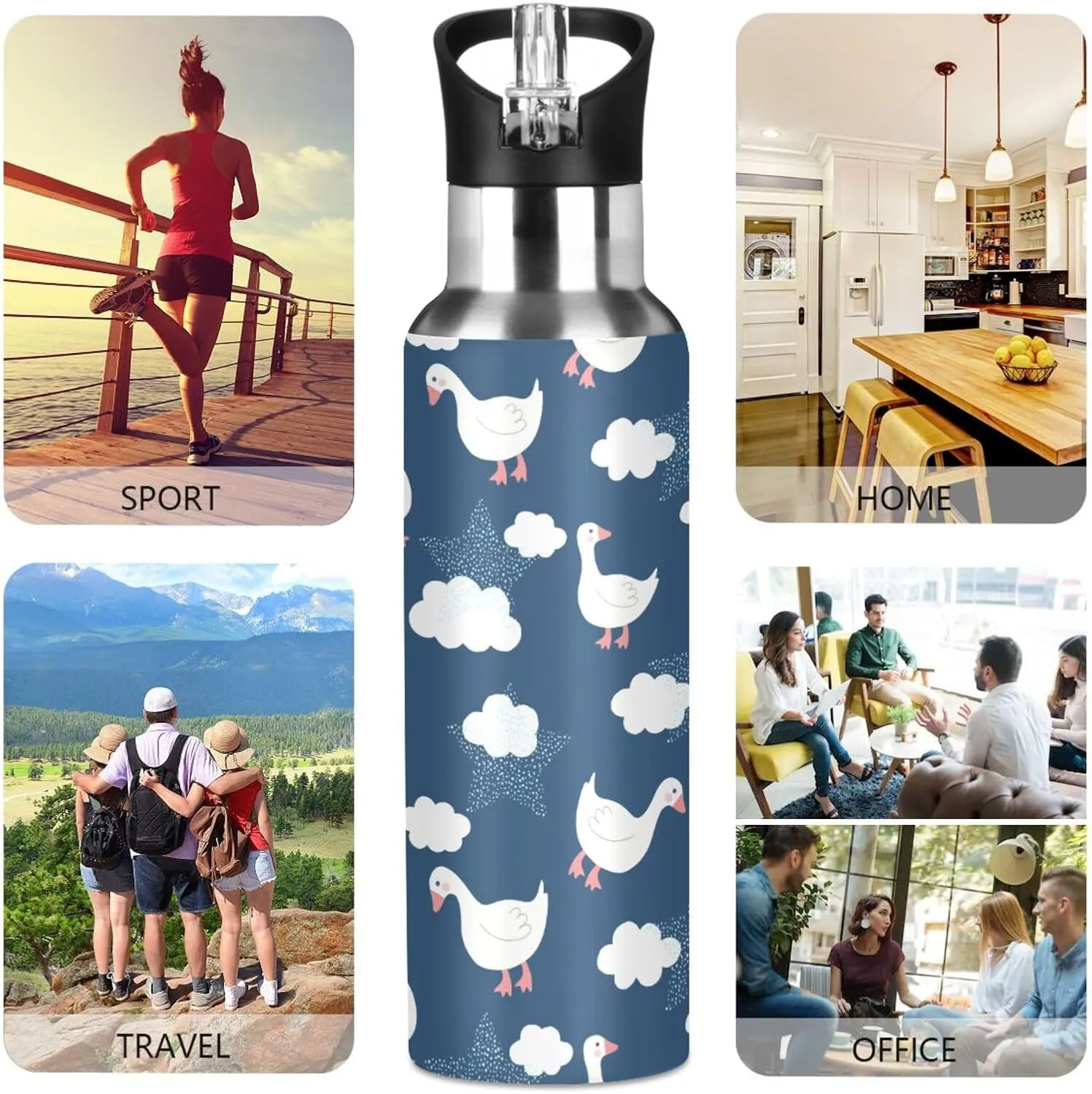 Aslsiy 32oz Sports Water Bottle Cute Goose Cloud Insulated Water Bottle Deep Blue Sky Stainless Steel Gym Bottle Metal Water Flask Thermos