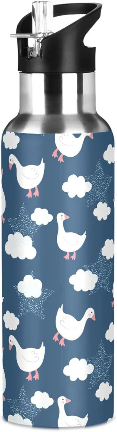 Aslsiy 32oz Sports Water Bottle Cute Goose Cloud Insulated Water Bottle Deep Blue Sky Stainless Steel Gym Bottle Metal Water Flask Thermos