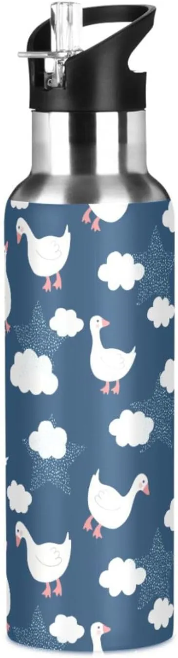 Aslsiy 32oz Sports Water Bottle Cute Goose Cloud Insulated Water Bottle Deep Blue Sky Stainless Steel Gym Bottle Metal Water Flask Thermos