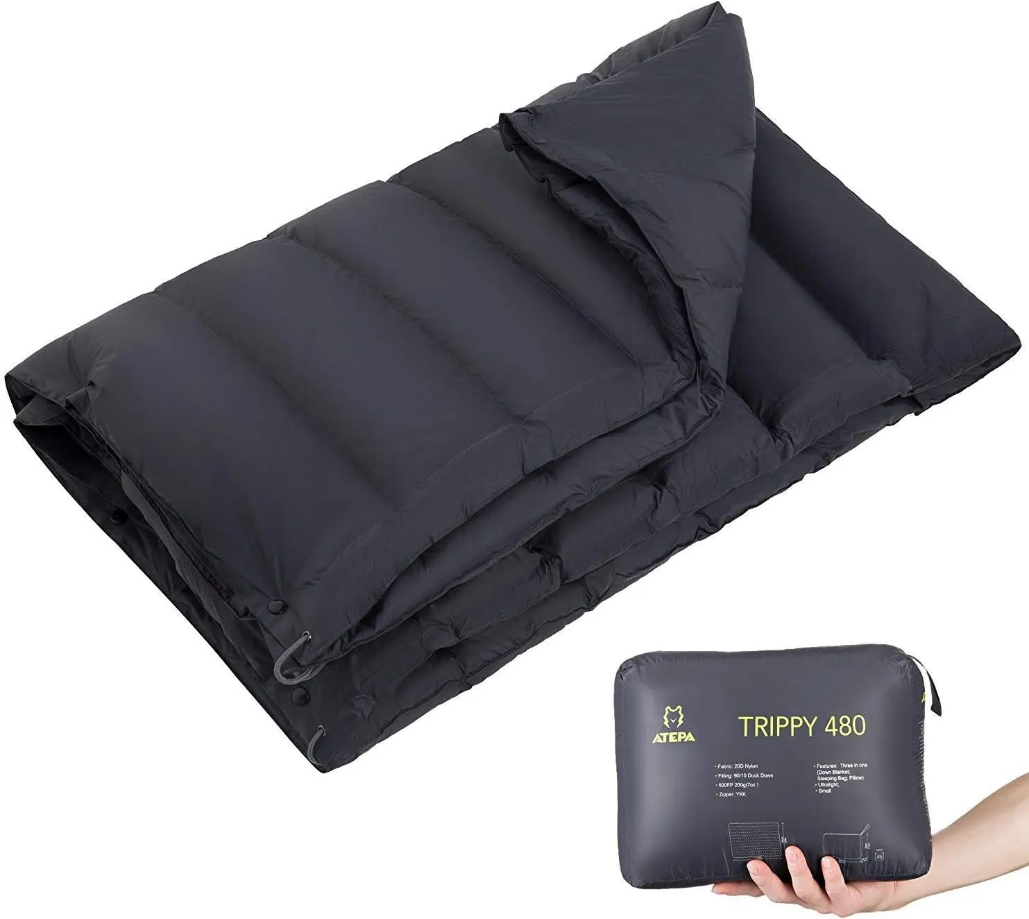 ATEPA 4-in-1 Multipurpose Warm Down Travel Camping Blanket Quilt, Packable Lightweight Waterproof Wearable Compact Blanket for Backpacking, Hiking, Grass, Outdoor, 70 × 53 inch