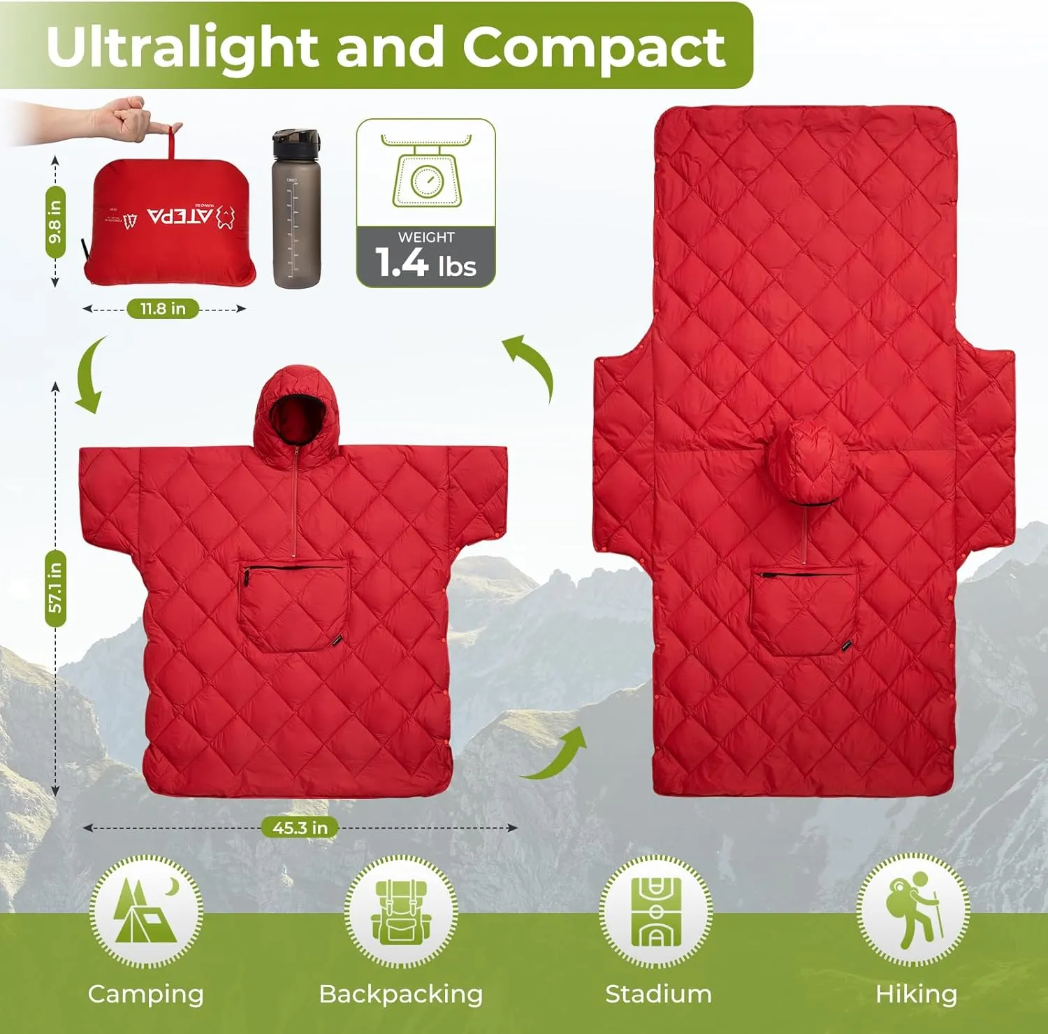 ATEPA Wearable Sleeping Bag, Recycled Stadium Blanket Packable Ultralight Warm Windproof Poncho Camping Outdoor Sports