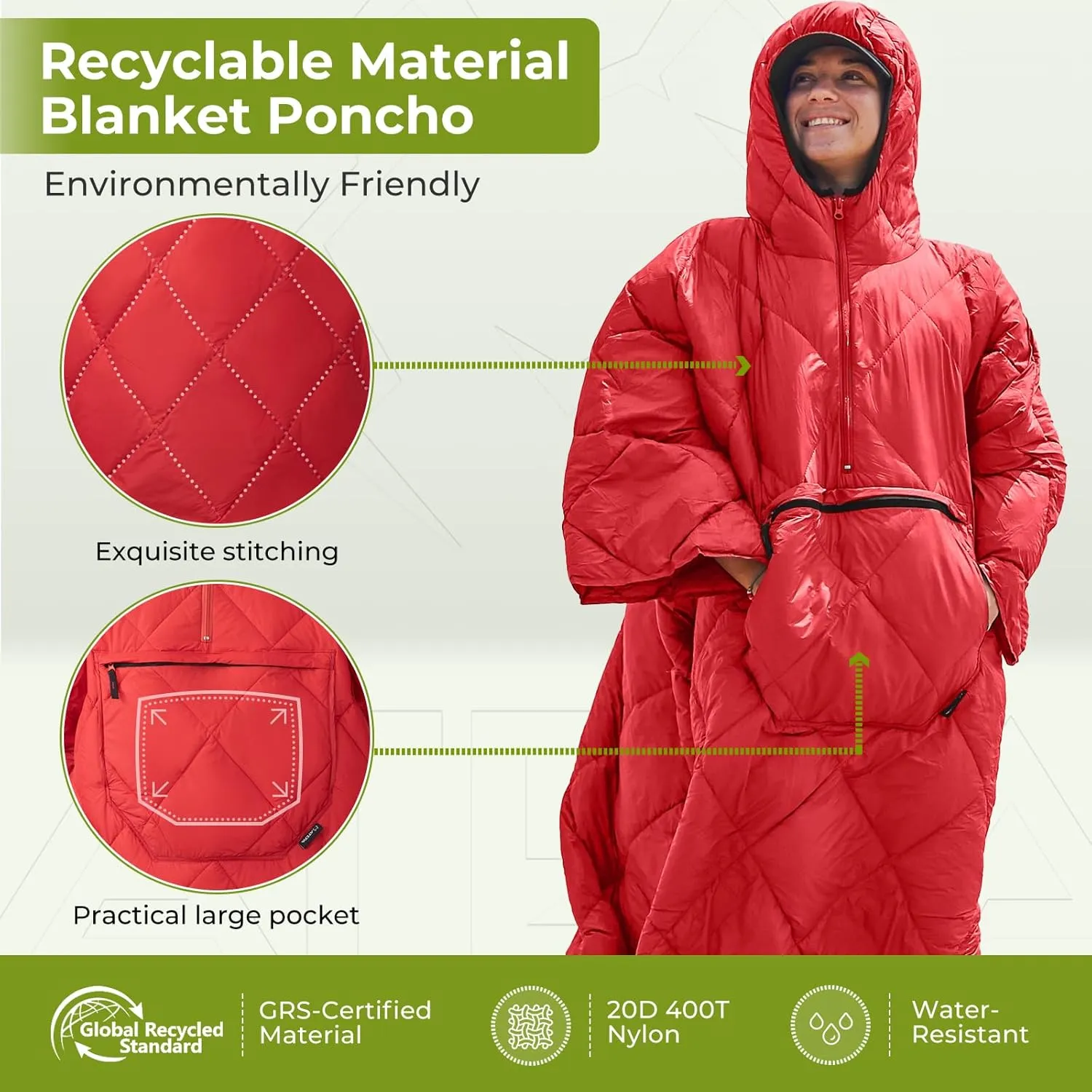 ATEPA Wearable Sleeping Bag, Recycled Stadium Blanket Packable Ultralight Warm Windproof Poncho Camping Outdoor Sports