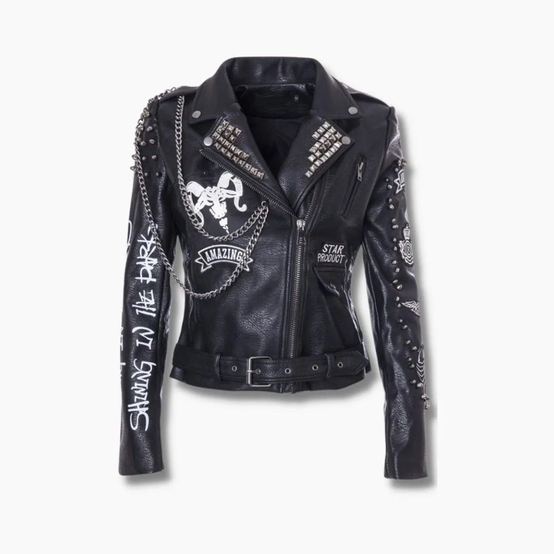 Ava Black Leather Punk Style Studded Jacket